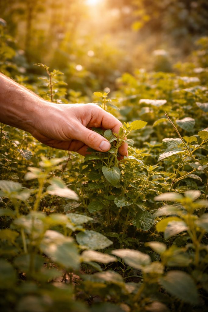 Hand picking herbs in sunlight