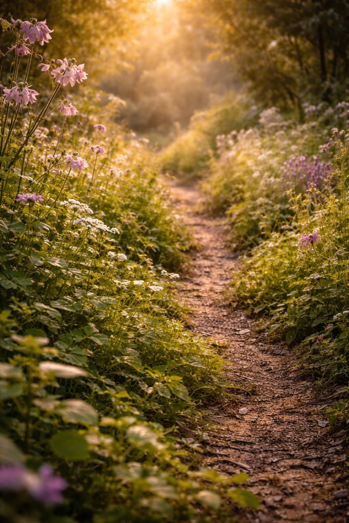 Sunlit path through blooming flowers
