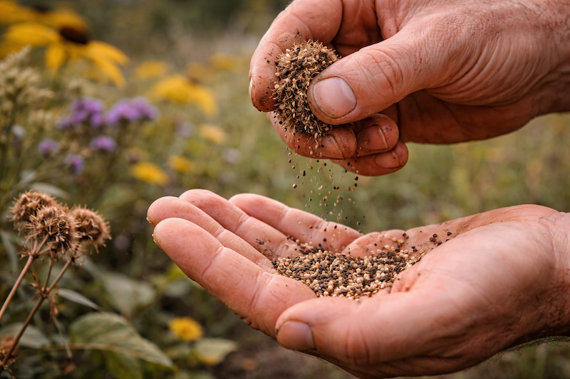 Hands scattering seeds in garden