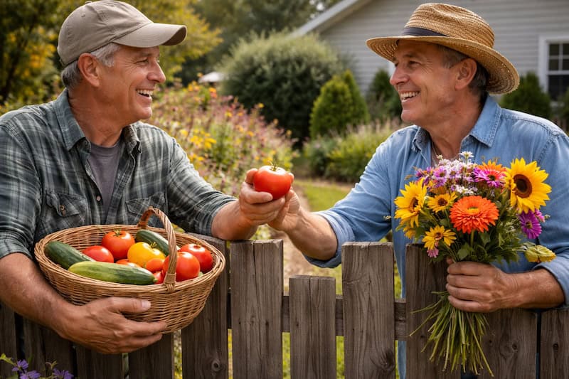 Two men exchanging vegetables and flowers