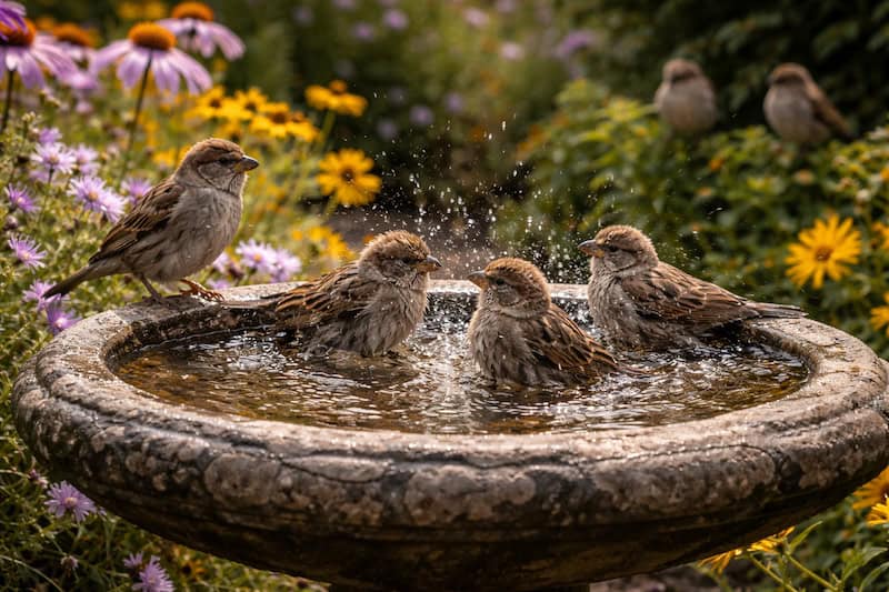 Birds bathing in a flower garden.